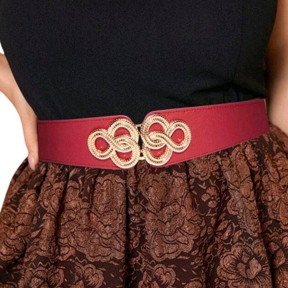 Plus Size Maroon Gold Medallion Stretch Belt